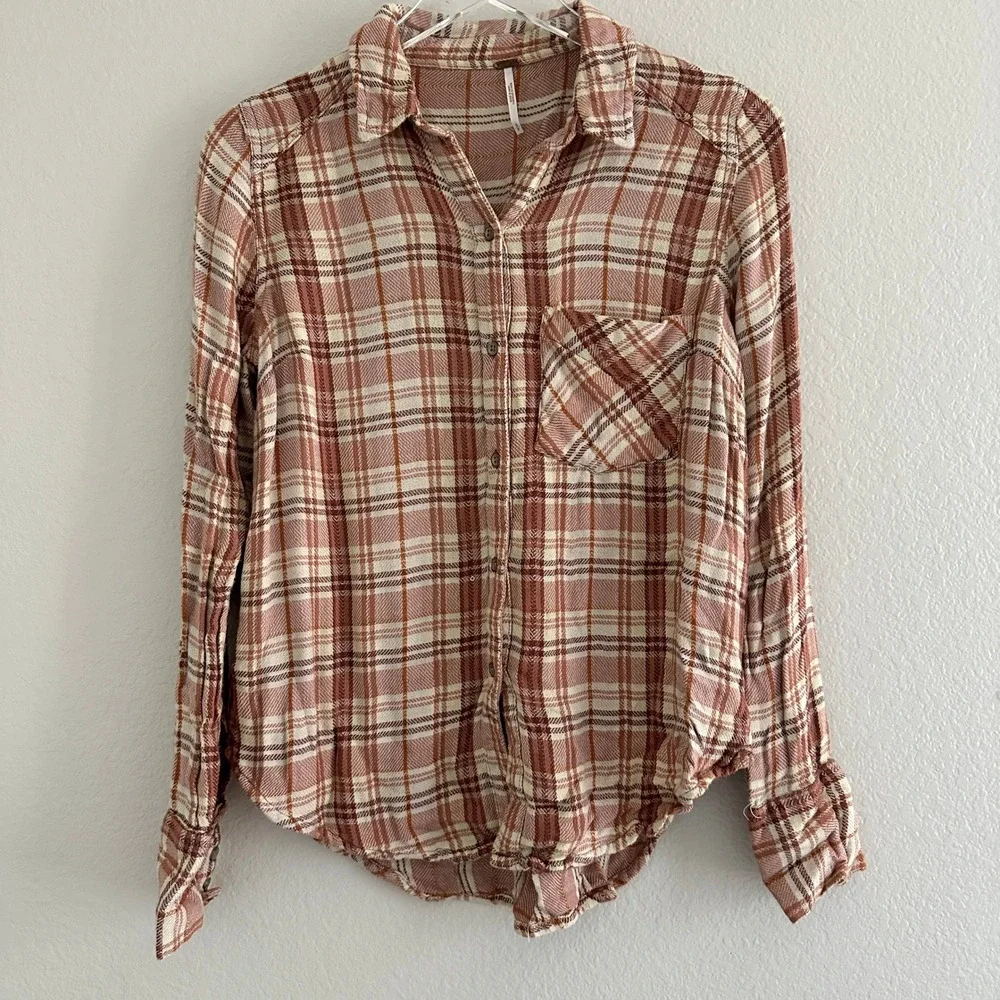 Free People Plaid Button Up Shirt Womens Small Pink Cream Orange Long Sleeve